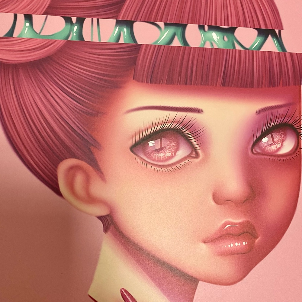 Kawaii Goth Pink Hair Doe Eyed Girl Art Print on Wood
